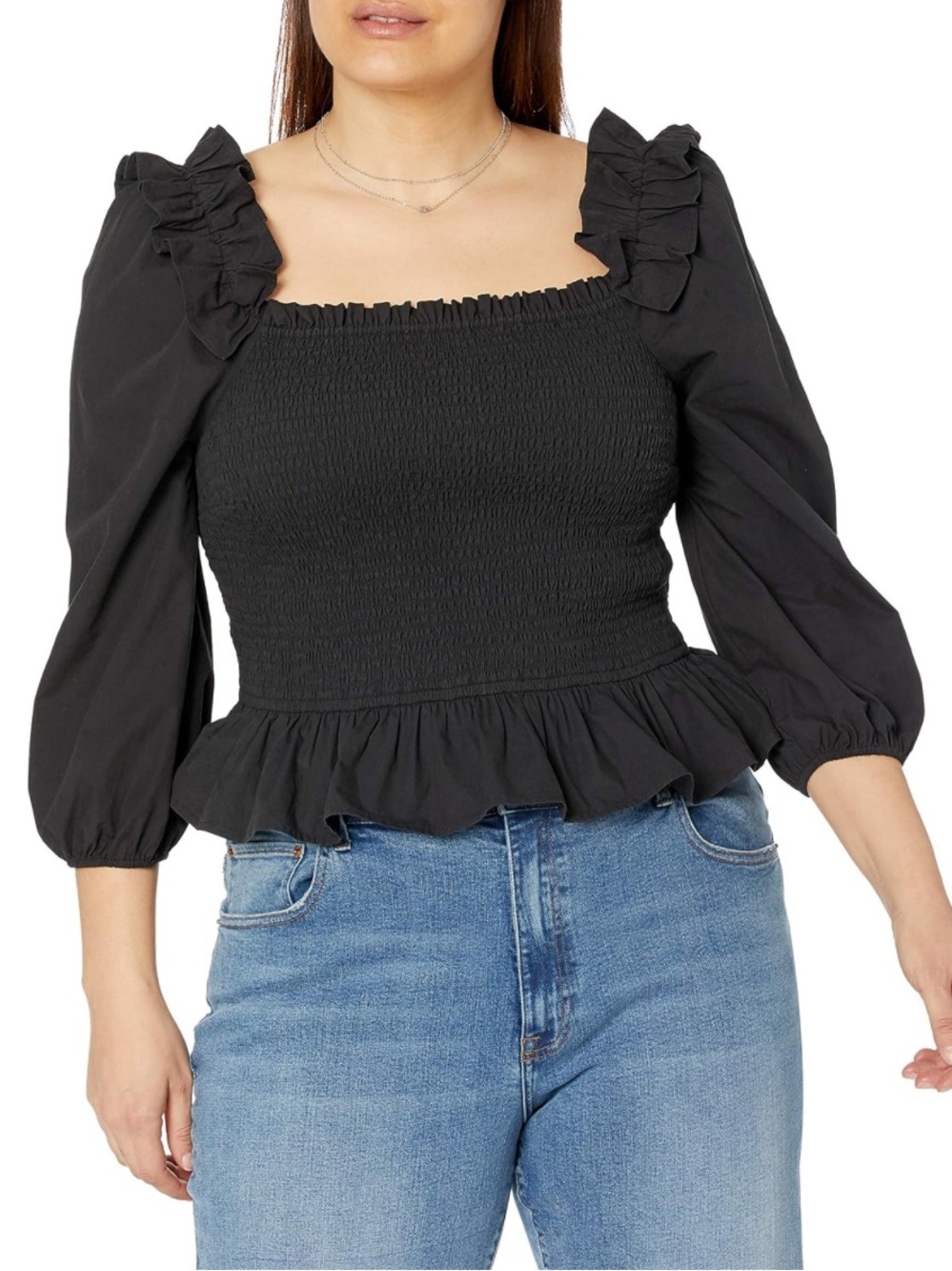Black Smocked Peplum Blouse with Ruffle Shoulder Detail